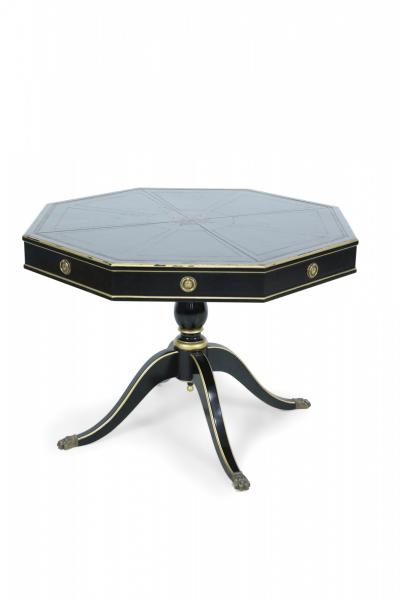 French Regence Style Hexagonal Black and Gilt Leather Top Pedestal Center Table