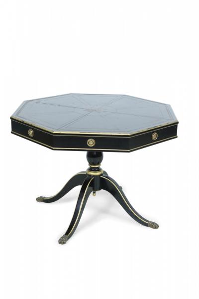 French Regence Style Hexagonal Black and Gilt Leather Top Pedestal Center Table