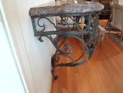French Regence Wrought Iron Console Table with Marble Top