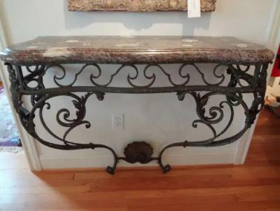 French Regence Wrought Iron Console Table with Marble Top