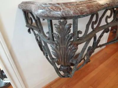 French Regence Wrought Iron Console Table with Marble Top