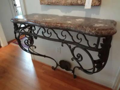French Regence Wrought Iron Console Table with Marble Top