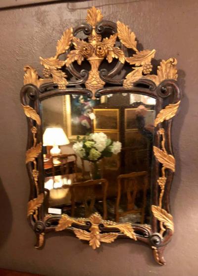 French Regency Antique Mirror of Mahogany and Gilt with Basket of Roses Design