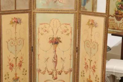 French Renaissance Revival Folding Three Panel Screen with Hand Painted Motifs