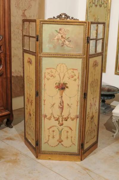 French Renaissance Revival Folding Three Panel Screen with Hand Painted Motifs
