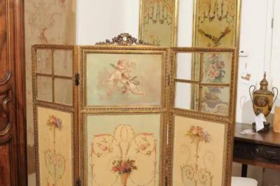 French Renaissance Revival Folding Three Panel Screen with Hand Painted Motifs