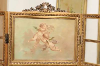 French Renaissance Revival Folding Three Panel Screen with Hand Painted Motifs
