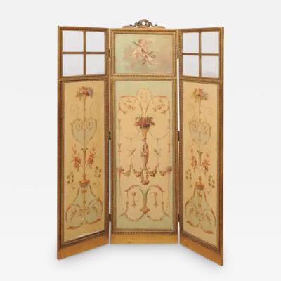 French Renaissance Revival Folding Three Panel Screen with Hand Painted Motifs