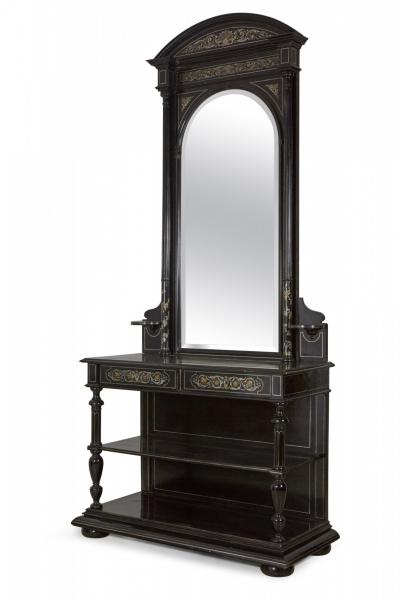 French Renaissance Style Mirrored Ebonized Metal inlaid Hall Table