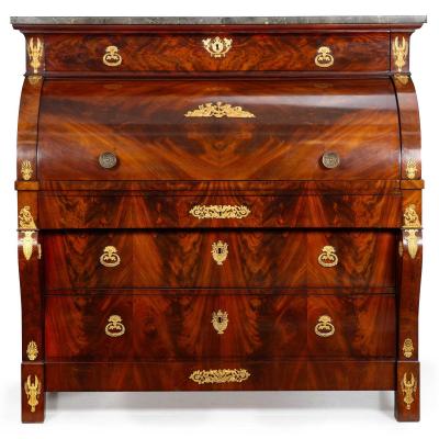 French Restauration Antique Mahogany Cylinder Roll Top Desk circa 1830
