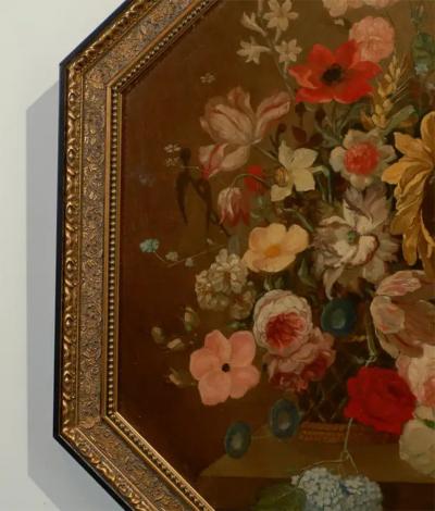 French Restauration Period 1820s Framed Octagonal Painting Depicting a Bouquet