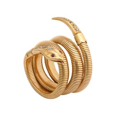 French Retro Gold Snake Serpent Wrap Bracelet with Rose Diamond Head and Tail