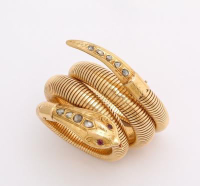 French Retro Gold Snake Serpent Wrap Bracelet with Rose Diamond Head and Tail