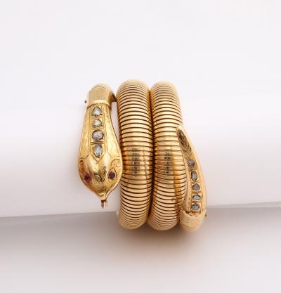 French Retro Gold Snake Serpent Wrap Bracelet with Rose Diamond Head and Tail