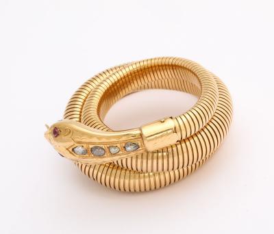 French Retro Gold Snake Serpent Wrap Bracelet with Rose Diamond Head and Tail