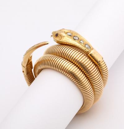 French Retro Gold Snake Serpent Wrap Bracelet with Rose Diamond Head and Tail