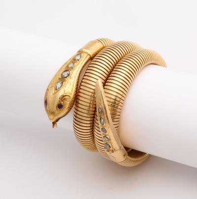French Retro Gold Snake Serpent Wrap Bracelet with Rose Diamond Head and Tail