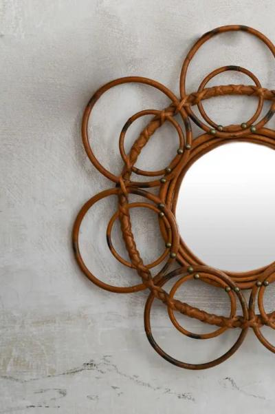 French Riviera Flower rattan sunburst mirror 1960s