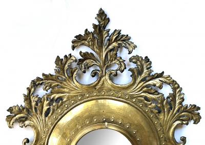 French Rococo Revival Cut Brass Repouss Foliate Convex Mirror