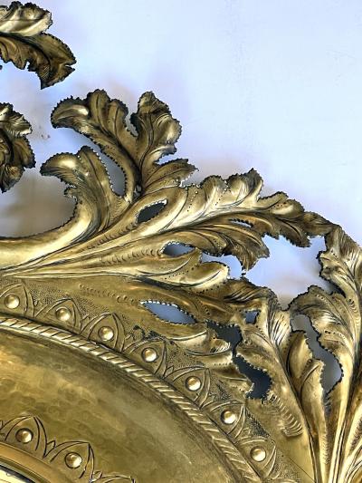 French Rococo Revival Cut Brass Repouss Foliate Convex Mirror