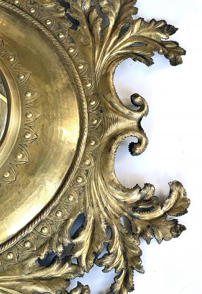 French Rococo Revival Cut Brass Repouss Foliate Convex Mirror