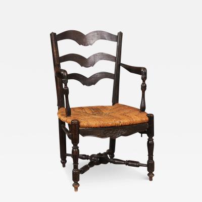 French Rustic Dark Oak 19th Century Childs Chair with Ladder Back and Rush Seat