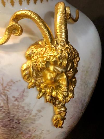 French Serves Painted Rams Head Bronze Mounted Lidded Vase Centerpiece or Urn