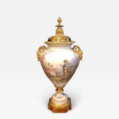 French Serves Painted Rams Head Bronze Mounted Lidded Vase Centerpiece or Urn