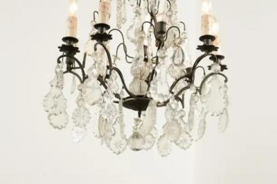 French Six Light Crystal Chandelier with Iron Armature Pendeloques and Obelisks