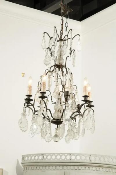 French Six Light Crystal Chandelier with Iron Armature Pendeloques and Obelisks