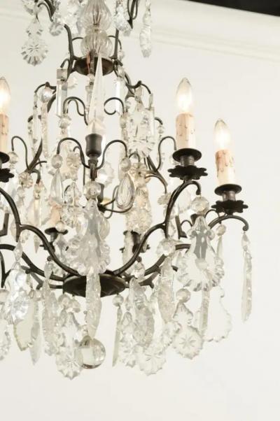 French Six Light Crystal Chandelier with Iron Armature Pendeloques and Obelisks