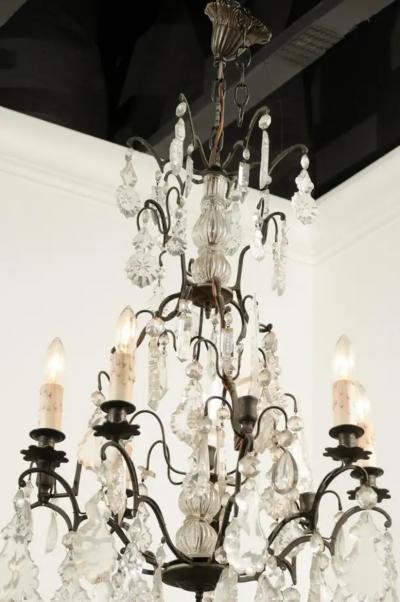 French Six Light Crystal Chandelier with Iron Armature Pendeloques and Obelisks