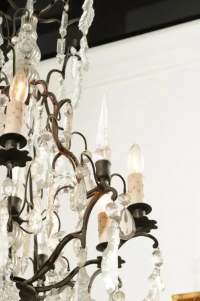 French Six Light Crystal Chandelier with Iron Armature Pendeloques and Obelisks