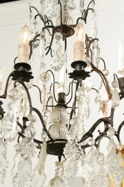 French Six Light Crystal Chandelier with Iron Armature Pendeloques and Obelisks
