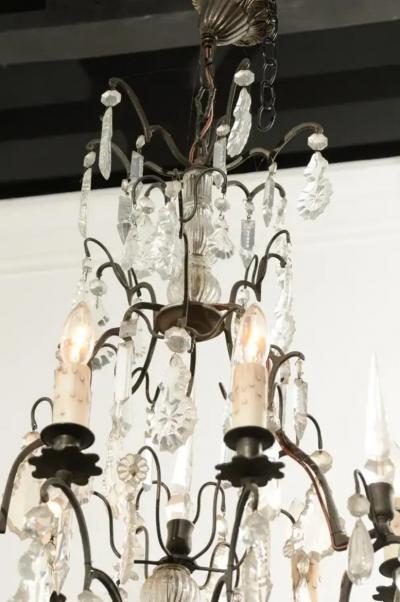 French Six Light Crystal Chandelier with Iron Armature Pendeloques and Obelisks