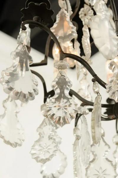 French Six Light Crystal Chandelier with Iron Armature Pendeloques and Obelisks