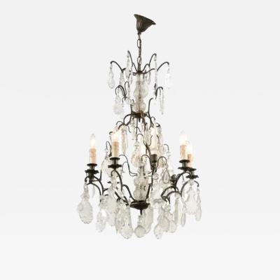 French Six Light Crystal Chandelier with Iron Armature Pendeloques and Obelisks