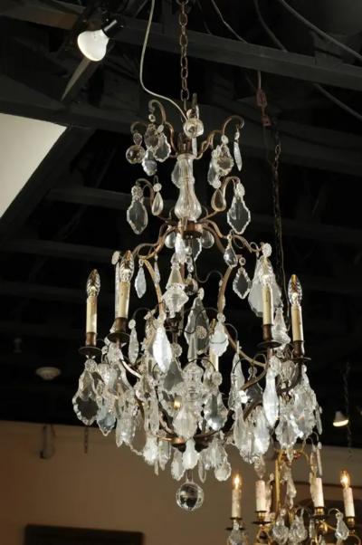 French Six Light Crystal and Iron Chandelier with Obelisks Late 19th Century