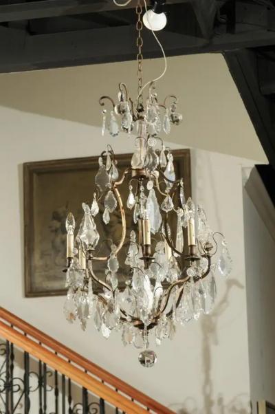 French Six Light Crystal and Iron Chandelier with Obelisks Late 19th Century