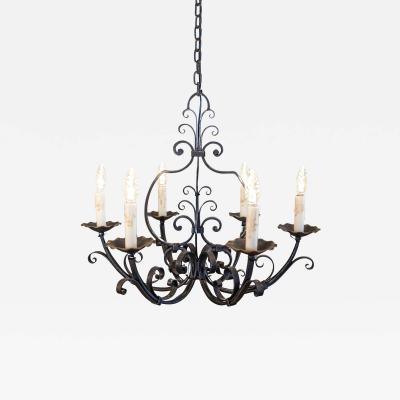 French Six Light Wrought Iron Chandelier with Cascading Scrolls USA Wired