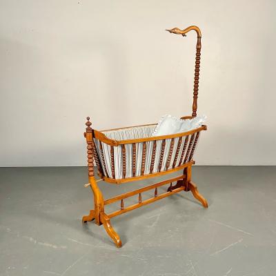French Spindled 19th Century Walnut Decorative Cradle Swan Motif