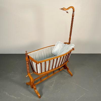 French Spindled 19th Century Walnut Decorative Cradle Swan Motif