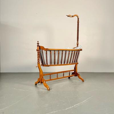 French Spindled 19th Century Walnut Decorative Cradle Swan Motif