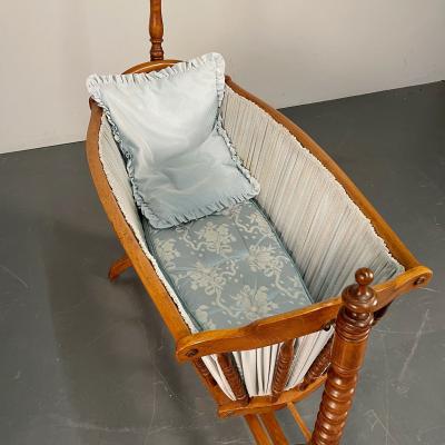 French Spindled 19th Century Walnut Decorative Cradle Swan Motif