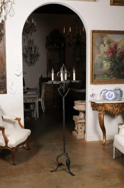 French Turn of the Century Candelabras Style Four Light Wrought Iron Floor Lamp