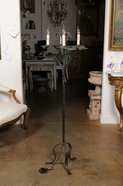 French Turn of the Century Candelabras Style Four Light Wrought Iron Floor Lamp