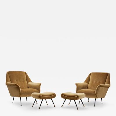French Upholstered Lounge Chairs with Footstools France 1960s