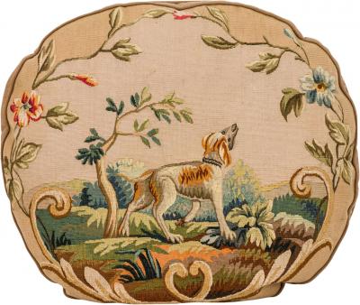 French Victorian Aubusson Pillow of a Dog in a Landscape