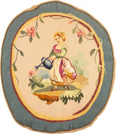 French Victorian Aubusson Pillow with Blue Border