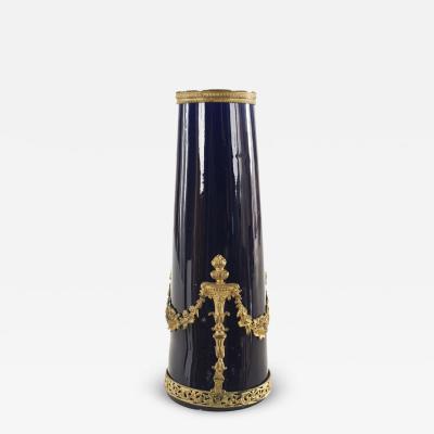 French Victorian Blue Porcelain and Bronze Vase